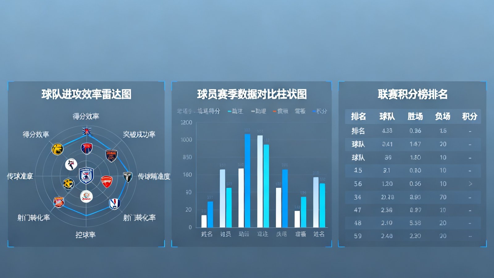 深度数据统计面板，包含球队进攻效率雷达图、球员赛季数据对比柱状图和联赛积分榜排名